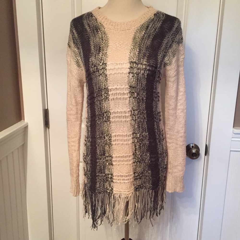 MYSTREE SWEATER CREWNECK CREAM GRAY FRINGE Size MEDIUM